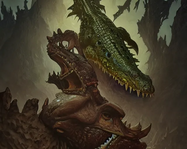 Image similar to forsaken crocodile god, cinematographic shot, deep focus, d & d, fantasy, intricate, elegant, highly detailed, digital painting, artstation, concept art, matte, sharp focus, illustration, hearthstone, magic the gathering, art by wesley burt and artgerm and alphonse mucha