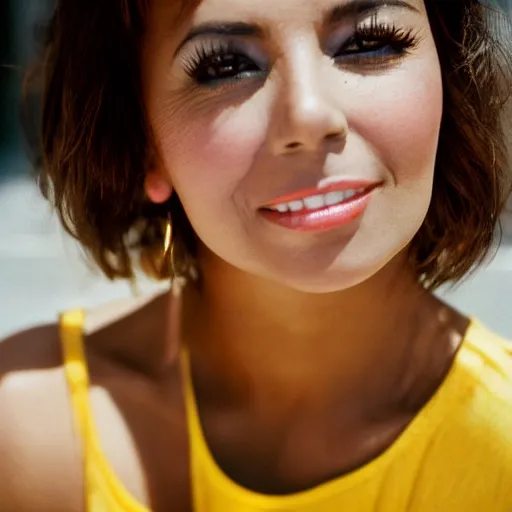 Image similar to close up portrait of a beautiful, attractive brown hair woman, mid-20s, face of Eva Longoria, wearing a yellow sundress, in downtown Los Angeles, Kodak Portra film, film photography, grainy photo