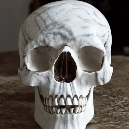 Prompt: skull statue made out of marble and lightning