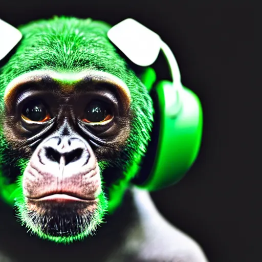 Image similar to a photo of a green chimp wearing headphones