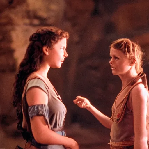 Image similar to a beautiful photo from the film indiana jones and the fate of atlantis, with indiana talking to sophia hapgood, dslr hyper focused