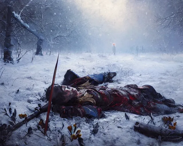 Image similar to Highly realistic oil painting of a wounded knight lying in the snow, surrounded by blue flowers, blood on flowers, by greg rutkowski, highly detailed, cinematic lighting, moody, dark