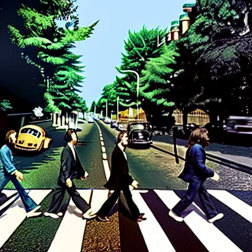 Image similar to beatles crossing abbey road at disneyland, hyper detailed, dramatic lighting, cgsociety, realistic, hyper detailed, insane details, intricate, dramatic lighting, hypermaximalist, golden ratio, rule of thirds, octane render, weta digital, micro details, ultra wide angle, artstation trending, 8 k,