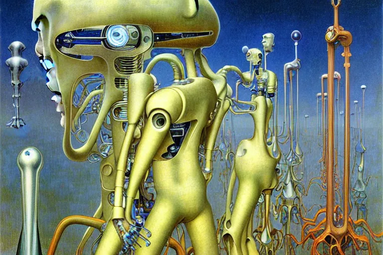 Image similar to realistic extremely detailed portrait painting of an anthropomorphic supercomputer robot, futuristic sci-fi landscape on background by Jean Delville, Amano, Yves Tanguy, Alphonse Mucha, Ernst Haeckel, Edward Robert Hughes, Roger Dean, rich moody colours, blue eyes