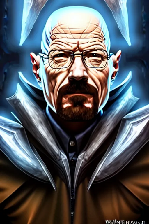 Image similar to walter white, fantasy armor, detailed face, dynamic lighting, tony sart