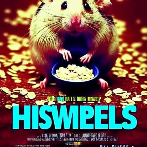 Image similar to an epic movie poster of a movie where a homeless hamster eats so much oatmeal he becomes obese, extremely fat hamster