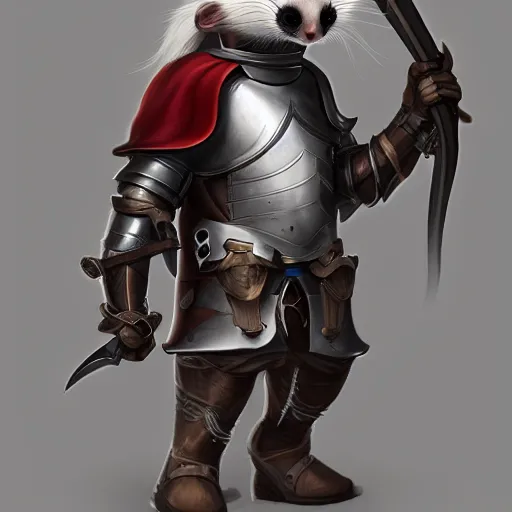 Prompt: a cute anthropomorphic ferret dressed up as a knight in dark armour, hyperdetailed, artstation, cgsociety, 8 k