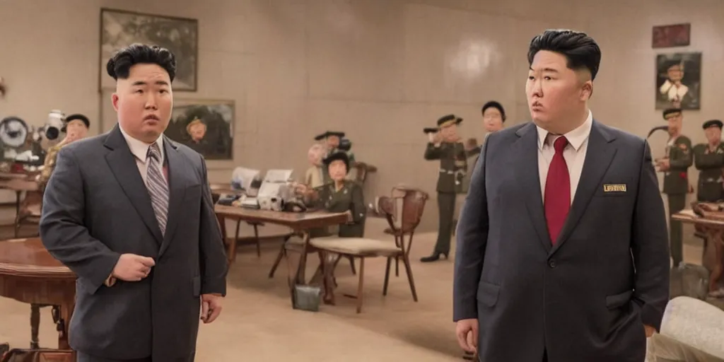 Prompt: Randall Park as Kim Jong-un in 'The Interview 2' (2023), movie still frame