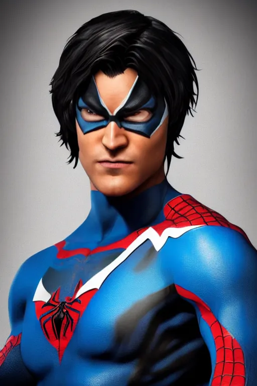 Image similar to characters portrait of Nightwing mixed with Spiderman, full-shot, merged character, 4k, highly detailed, cinematic lighting, photorealistic, 3d render, award winning render, unreal engine, octane render, studio lighting, 8k, hd