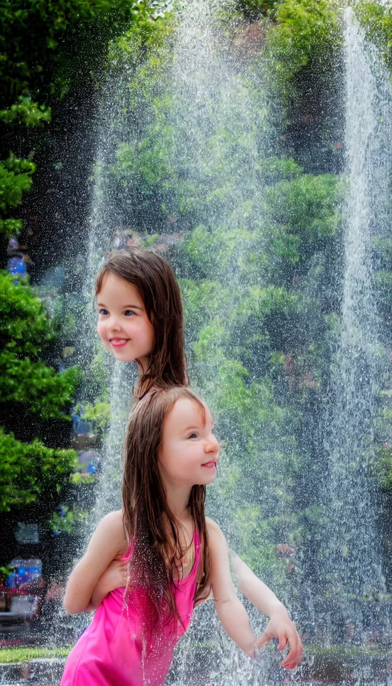 Image similar to Beautiful girl under the rainbow fountain,