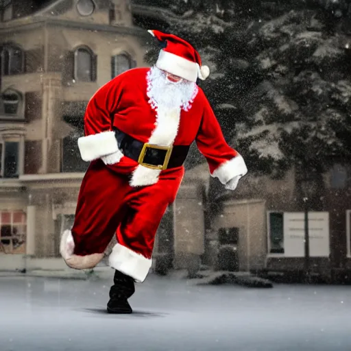 Image similar to santa making an escape with a sack of cash, running from a bank, 8 k, drone photo