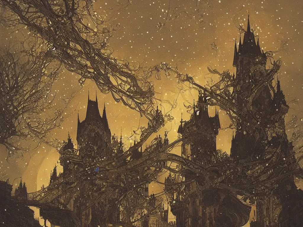 Prompt: a view from the river of prague at night with the sky full of stars, intricate, elegant, highly detailed, digital painting, artstation, concept art, smooth, sharp focus, colored illustration for tattoo, art by krenz cushart and artem demura and alphonse mucha,