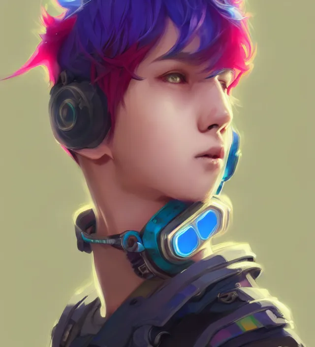 Image similar to character concept art of a cute young cyberpunk boy with colorful hair and collar | | cute - fine - face, pretty face, key visual, realistic shaded perfect face, fine details by stanley artgerm lau, wlop, rossdraws, james jean, andrei riabovitchev, marc simonetti, and sakimichan, trending on artstation