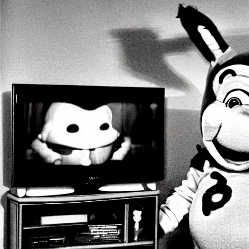 Prompt: teletubby with scary movie on his tv