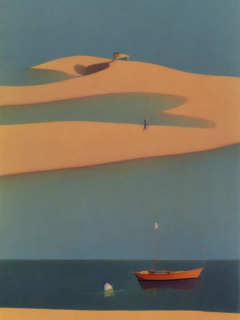 Image similar to a neo retro poster a boat near dune du Pilat, australian tonalism, pale gradients design, matte drawing, clean and simple design, outrun color palette. painted by Morandi, Agnes Pelton