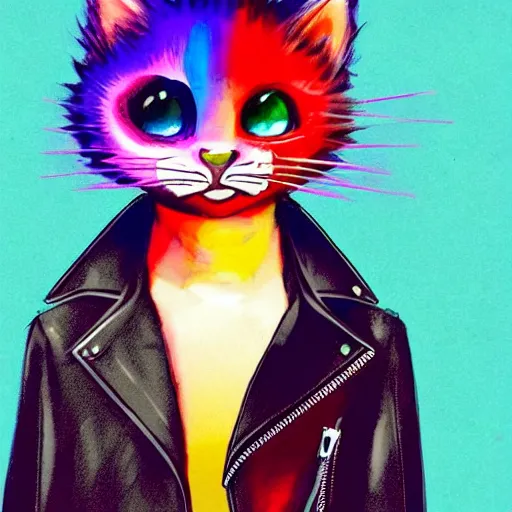 Image similar to wide angle full body, jacket wearing fluffy cute rainbow kitten wearing a black leather motorcycle jacket, cinematic concept art