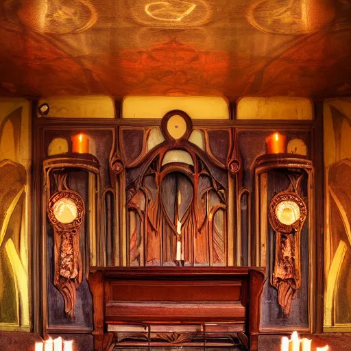 Image similar to realistic photo of an occult art nouveau room interior, old furniture, altar, candles, gloomy volumetric lights