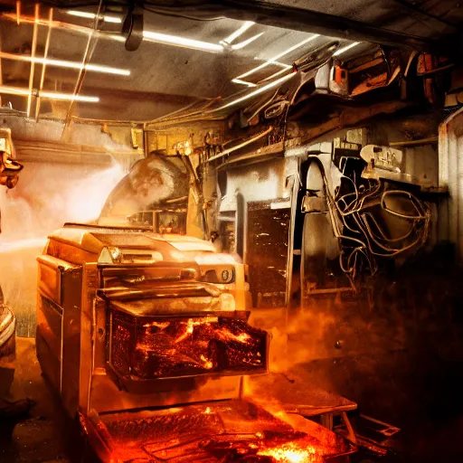 Image similar to cyborg toaster oven repairman, dark messy smoke - filled cluttered workshop, dark, dramatic lighting, orange tint, sparks, cinematic, highly detailed, sci - fi, futuristic, movie still