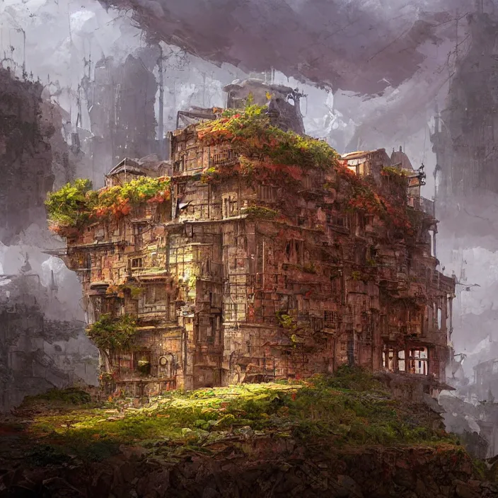 Image similar to a building in a landscape, by marc simonetti