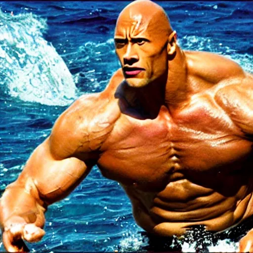 Image similar to Dwayne Johnson beating upa flipper dolphin, realistic, masterpiece, beautiful lighting, cinematic, The Rock, muscles, strong man