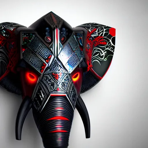 Prompt: never forget! futuristic elephant head, symmetrical, intricate black shaman ornaments, black oak patterns, iridescent reflection, mask big, mech mask, mecha - elephant, graphic design, black white grays and red color, subsurface scattering, cyberpunk, unreal engine, octane render