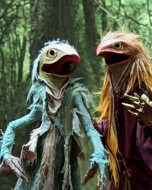 Prompt: two skeksis from the movie the dark crystal are discussing a plan in a forest