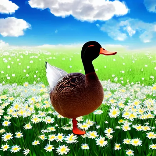 Image similar to A 3d render of a duck walking through a field of daisies in a bright sunny day, with clouds in the sky, lots of little daisies in the field, digital art