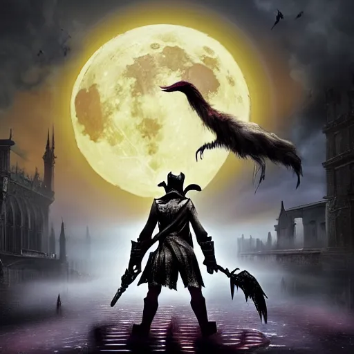 Image similar to an ultradetailed animation of the hunter from bloodborne dressed as darkwing duck, let's get dangerous, in the style animation of darkwing duck, digital art, dark fantasy, concept art, soulslike, by alphonse mucha, blood moon eclipse, wherewolves in a ruined building in the background, artstation, 8 k, unreal engine render