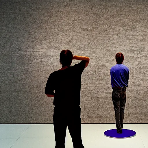 Prompt: perspective altered men stood in an art gallery, staring at a sculpture made by alien jeff koons, hd photorealism, 7 0 mm lens w 1 0 2 4 h 7 6 8