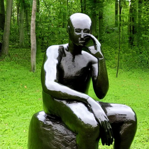 Image similar to The thinker sculpture in the style of William Bartram mushrooms at the base , placed in a lush forest