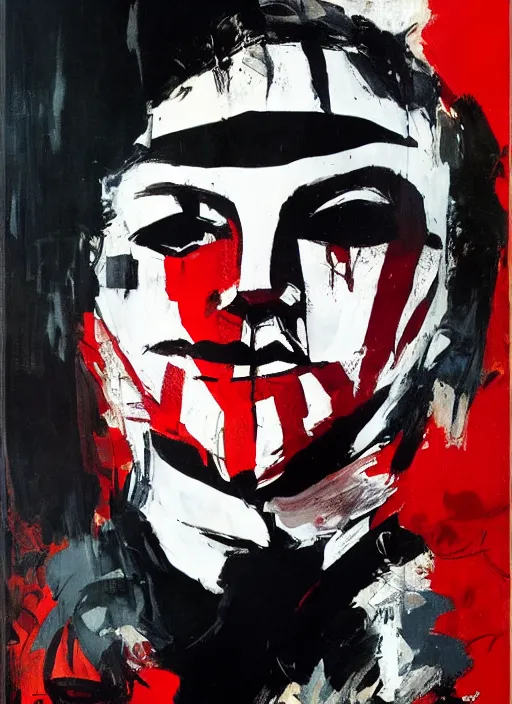 Image similar to v for vendetta by ashley wood, yoji shinkawa, jamie hewlett, 6 0's french movie poster, french impressionism, black red white colors, palette knife and brush strokes, dutch tilt