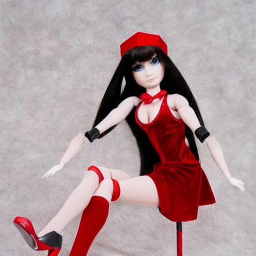 Image similar to anime barbie doll, in red velvet stockings, a nurse's dress, full length, heels on her feet