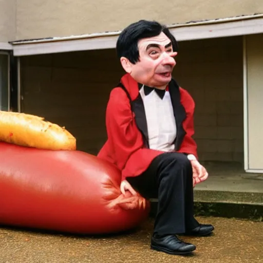 Prompt: A World Press Photo Award winning photograph of mr. Bean dressed as a hotdog