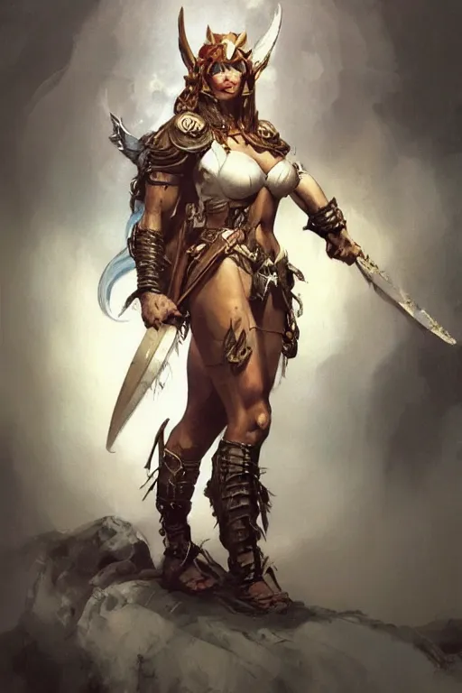 Image similar to full character portrait of a beautiful female warrior by frank frazetta, Ann Bachelier, trending on artstation, Mystical Valkyrie, realistic, clear refined, beautifully detailed, digital art, Unreal Engine, 8k, HD