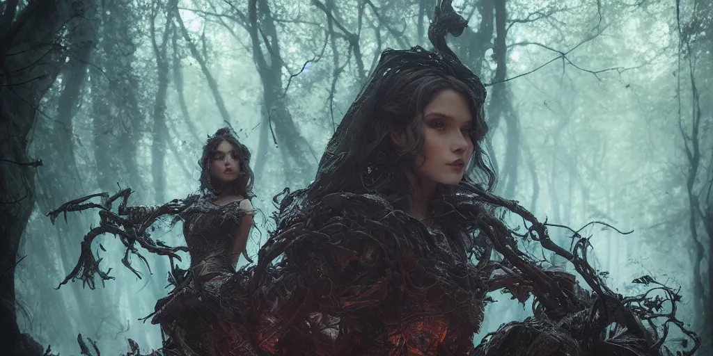 Image similar to 5 5 mm portrait photo of an armored gorgeous aesthetic witch, in magical forest. art by greg rutkowski. highly detailed 8 k. intricate. lifelike. soft light. nikon d 8 5 0.