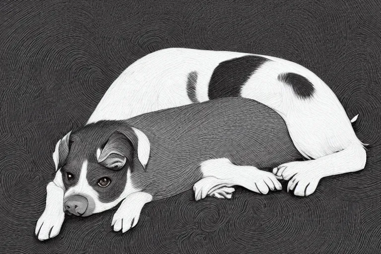 Image similar to cute black and white jack russel terrier laying on dog bed, large round eyes, concept art, fantasy illustration, sketch by victo ngai and diego gisbert llorens