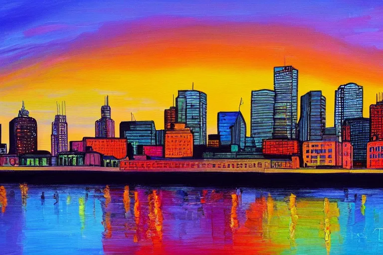 Image similar to winnipeg skyline, sunset, vivid colors, painting by tom thompson, 4 k