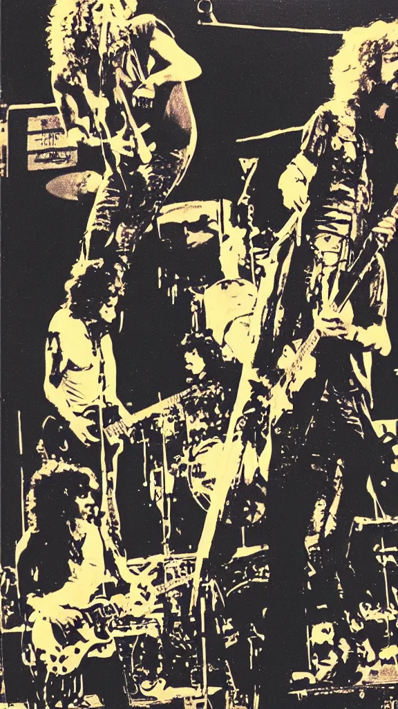 Prompt: Led Zeppelin concert poster circa 1974, Madison Square Garden, colorized, Robert plant, Jimmy Page, guitars, drum kit