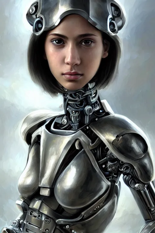 Image similar to a photorealistically painted portrait of an attractive young girl, partially clothed in cybernetic battle armor, with an abstractly painted background, flawless olive skin, fair complexion, long dark hair, beautiful bone structure, perfectly symmetric facial features, perfect photorealistic eyes, natural physique, intricate, elegant, digital painting, concept art, finely detailed, beautifully illustrated, sharp focus, minimal artifacts, volumetric lighting, from Metal Gear, by Ruan Jia and Mandy Jurgens and Artgerm and William-Adolphe Bouguerea, in the style of Greg Rutkowski, trending on Artstation, award winning art