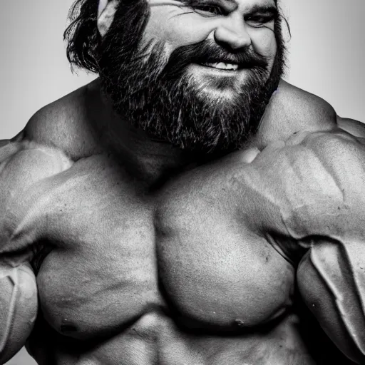 Image similar to Black and white photography of a very muscular shrek smiling with a chiseled jawline and trimmed beard