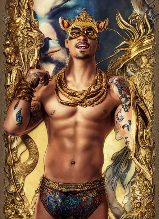 Prompt: muscular Atlantean king Maluma grinning and wearing cholo sunglasses and a heavy bejeweled gold crown reclining poolside with a beautiful tiger, and Zayn Malik wearing gold speedos, steelpunk, ghibli studio, nekro, Tom Bagshaw, Craig Mullins, octane 8k, by brian froud, Trending on ArtStation