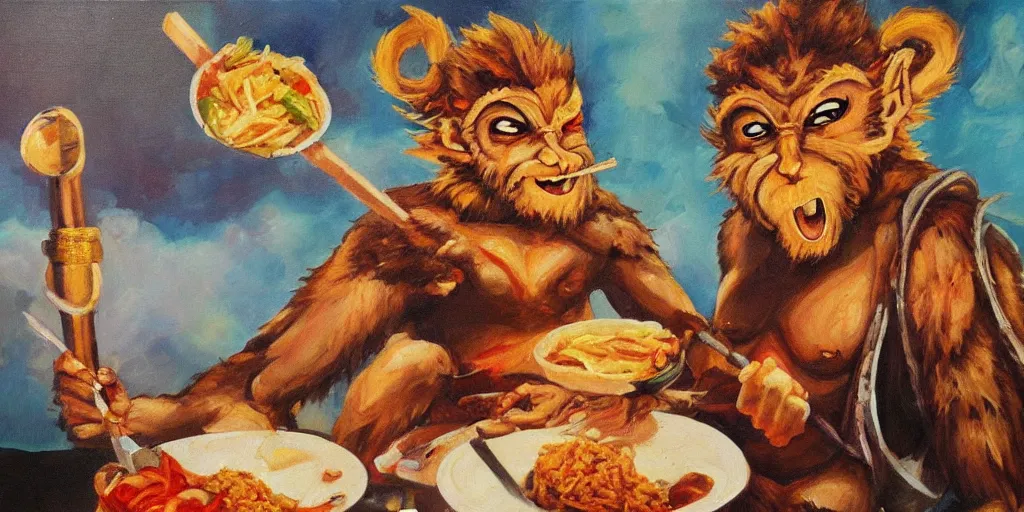 Prompt: Sun WuKong eating mexican food, oil painting