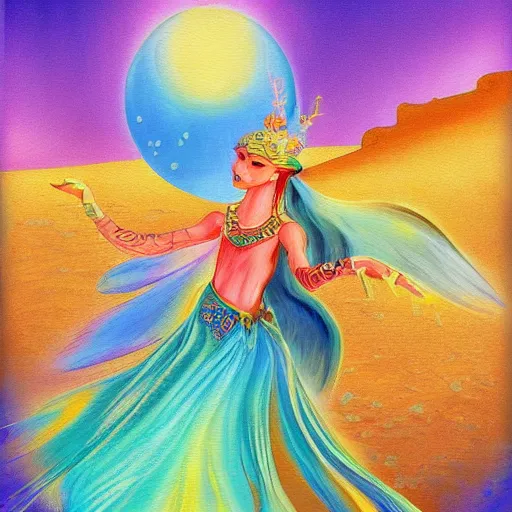 Prompt: fantasy painting elegant dancing Navi in the desert under 3 moons