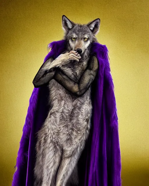 Image similar to Tall emaciated man wolf hybrid, covered in matted fur, he has yellow wolf eyes, a long bent rat like tail, long coyote like ears, and is Wearing a purple velvet cape with a silver Top Hat, Atmospheric Full Moon, highly realistic, Rick Baker style, photoreal, photograph in the style of Annie Leibovitz