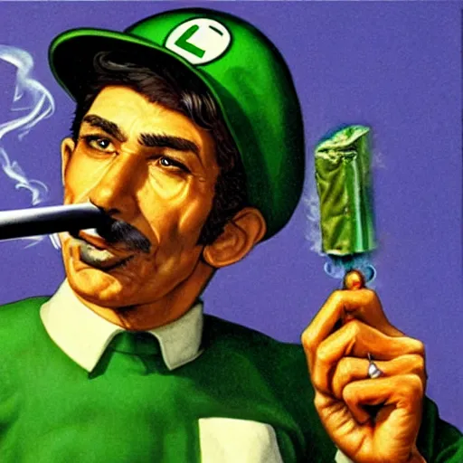 Prompt: Luigi smoking joint, artwork by Earl Norem,