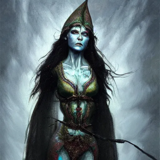 Image similar to a masterpiece oil painting of an Elf priestess, !dramatic, !female, !detailed, physically based rendering, ultra detailed, cinematic lighting, dark background by Dan Hillier