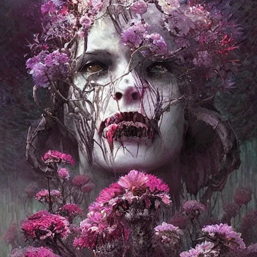 Image similar to a beautiful terrifying monster made of flowers. ethereal horror fantasy art by greg rutkowski and raymond swanland and monet