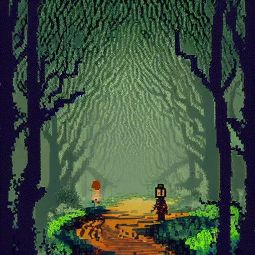 Image similar to A beautiful #pixelart pixel art illustration of a single dusty path winding through a dark fairytale forest by Eyvind Earle and Ivan Shishkin and Marc Simonetti and Amanda Clark and Zhicao Cai, at night, nature, shadows, haunting, DeviantArt, #pixelart:3, blur, dof, human, hair, man, woman, people, person, figure, face, jpeg artifacts, flesh, realism, photorealism, photograph, dust, scratches, text, watermark:-1