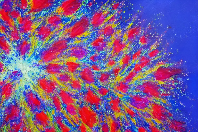 Image similar to oil painting, close-up of giant flower explosion, clean blue sky, in style of 80s sci-fi book art