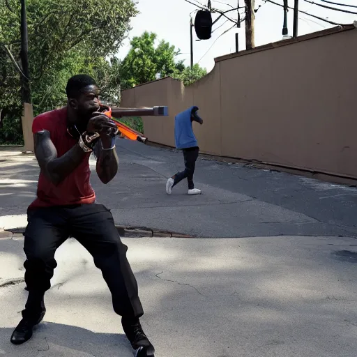 Image similar to angry gucci mane shooting and terrorizing people in the hood, 8k resolution, full HD, cinematic lighting, award winning, anatomically correct